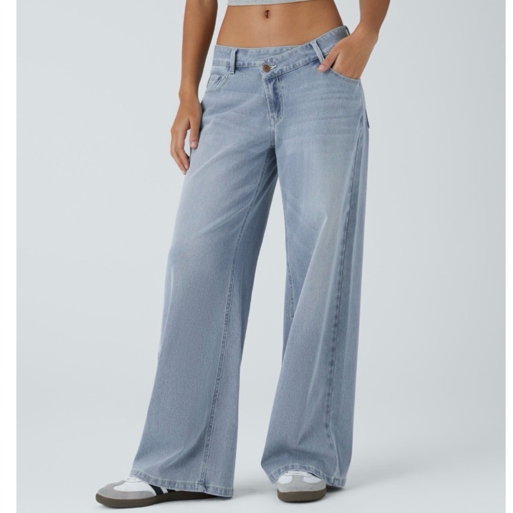 Halara Flex™ Asymmetric Low Rise Zipper Pockets Baggy Wide Leg Washed Casual